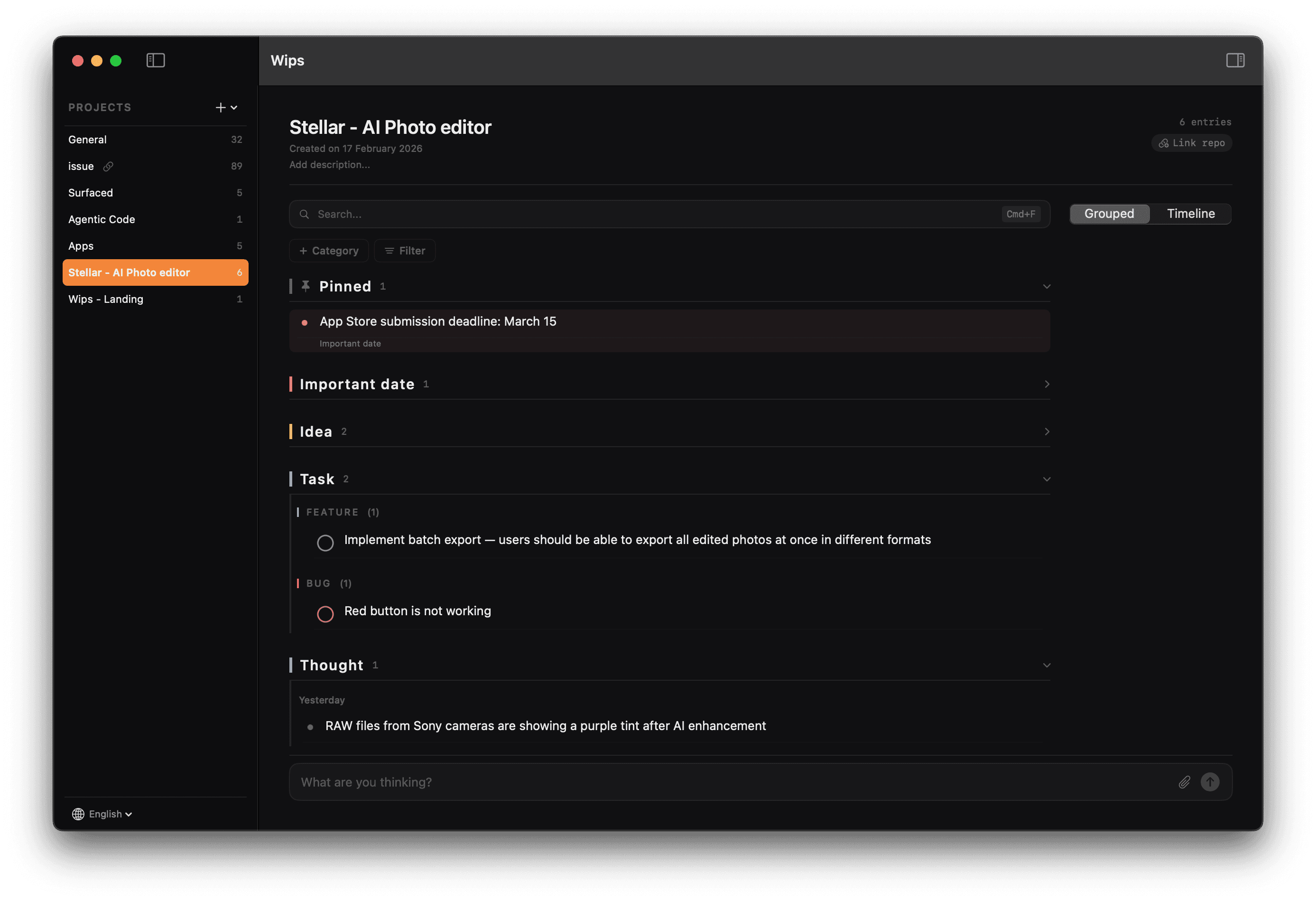 Wips app — project view with grouped entries